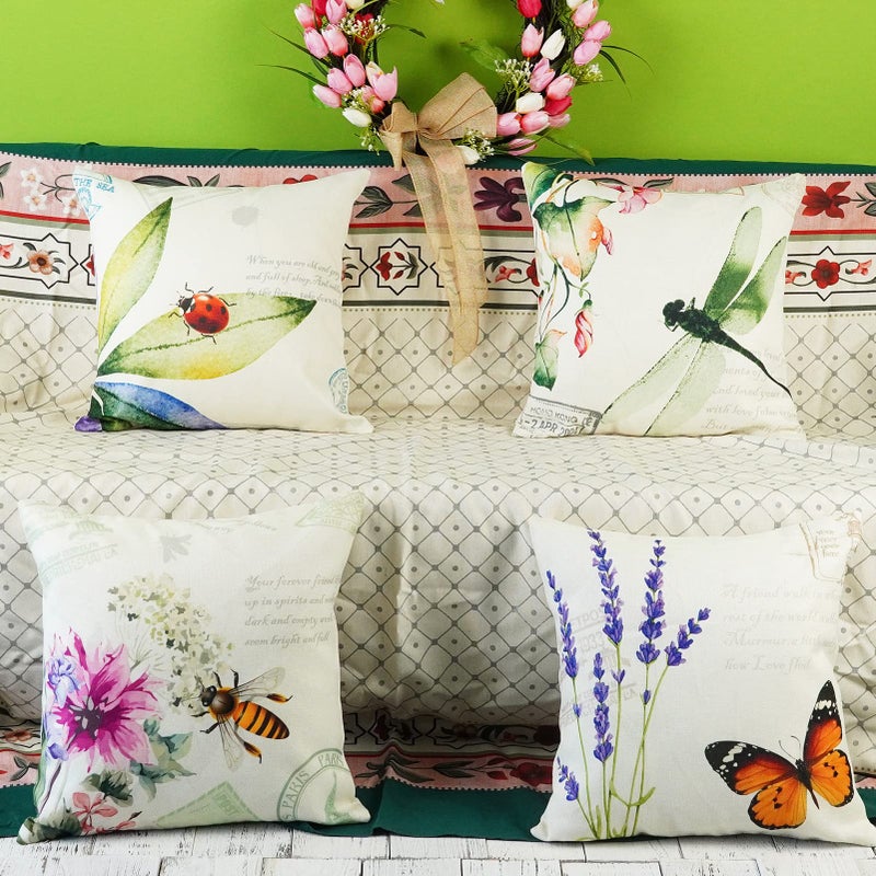 ONWAY Outdoor Garden Decoration Bee/Butterfly/Dragonfly/Ladybug Pillow Case Leaf/Lavender/Flower Decorative Throw Pillow Covers 18 x 18 Inches, Set of 4 - Image 2